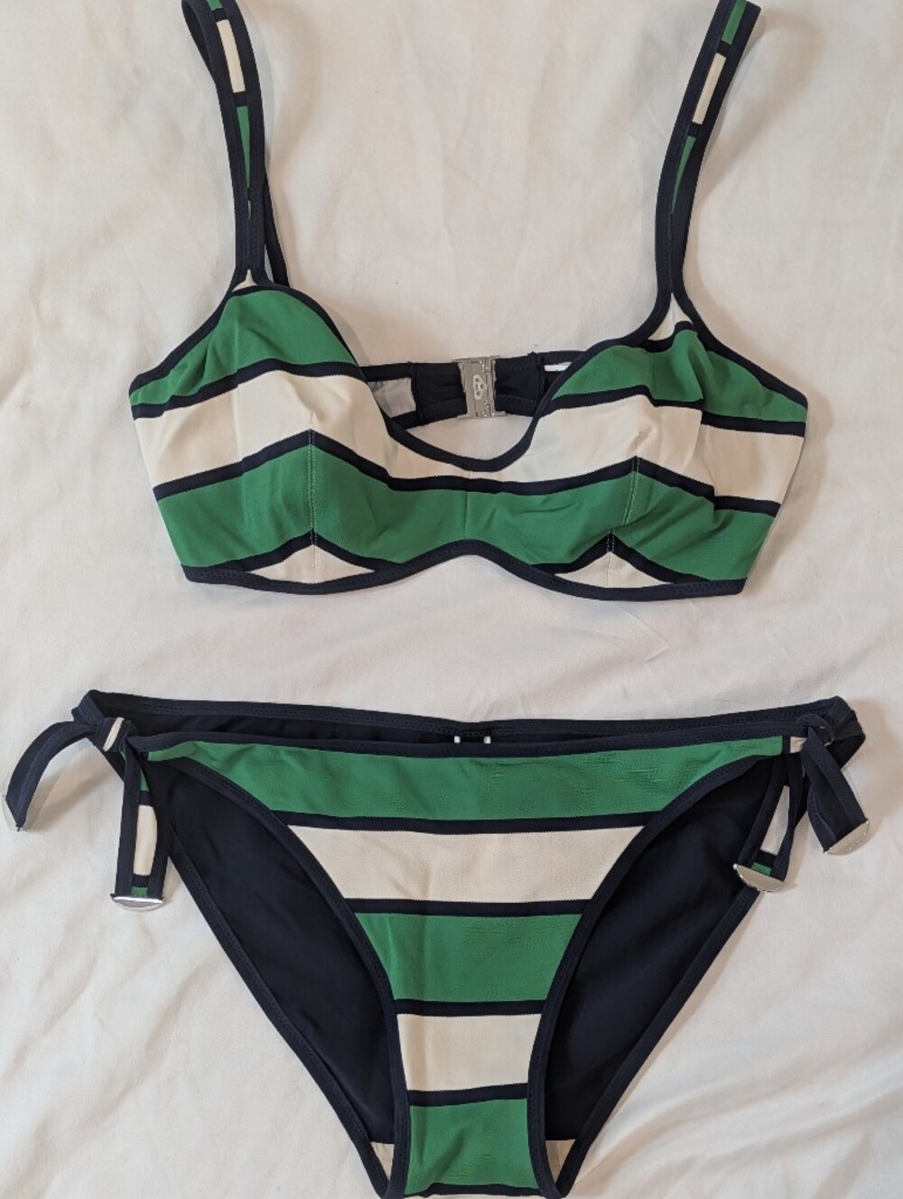 New Andres Sarda Striped Green & Cream Blue Trim Bikini